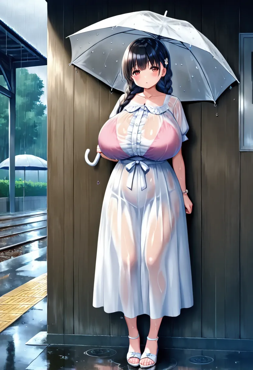 Japanese Magazine Cover, Japanese Girl , ,( Wear casual wear,holding umbrella,),(  huge saggy breasts:1),，  Full Body ，Wet, At the Station ，Waiting for someone else，Rainy Day，leaning on a wall