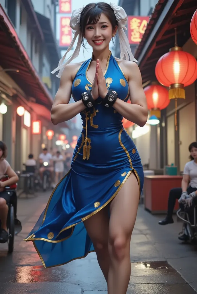 "A hyper-realistic image of Chun-Li from Street Fighter in a joyful victory pose. She is mid-air, clapping her hands together with a bright, triumphant smile, exuding excitement and energy. Her toned, muscular legs and arms highlight her strength and agili...