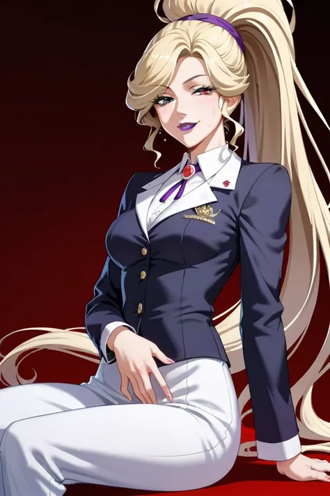 masterpiece,Highest quality,hirudasama,(((40 years old))),(( aunt)), anime,2020s,heterochromia, redeyes,blackeyes,((Purple lips)),blonde hair, very long ponytail,summer uniform,smug,very sweaty,hands on own stomach