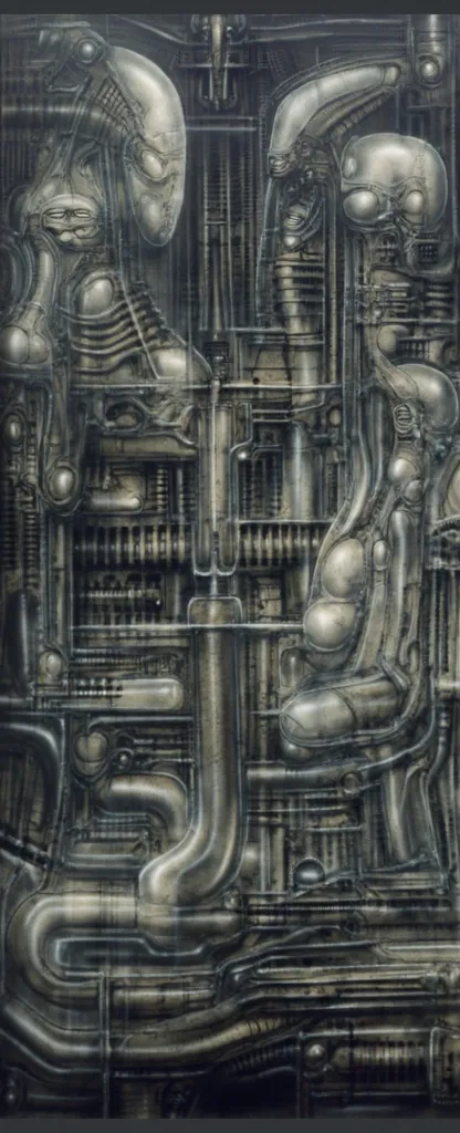 Please reproduce the original image as accurately as possible, capturing the intricate details of the biomechanical structures, the dramatic lighting, and the overall sense of unease. Find and enhance depiction of Giger's demons and creatures.(best quality...