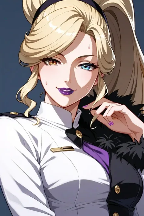 masterpiece,Highest quality,hirudasama,(((40 years old))),(( aunt)), anime,2020s,heterochromia, redeyes,blackeyes,((Purple lips)),blonde hair, very long ponytail,summer uniform,smug,very sweaty,hands on own stomach