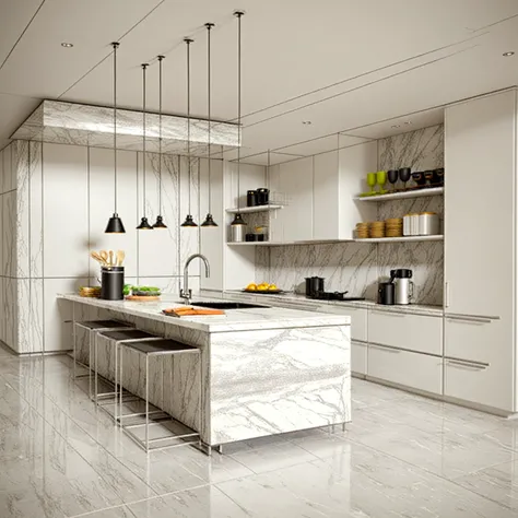 Modern kitchen design, luxurious interior, ((high resolution image, 8k, detailed anatomy of each object, rough surface, super detailed, super realistic, beautiful) spotless , surreal , spacious space , full light