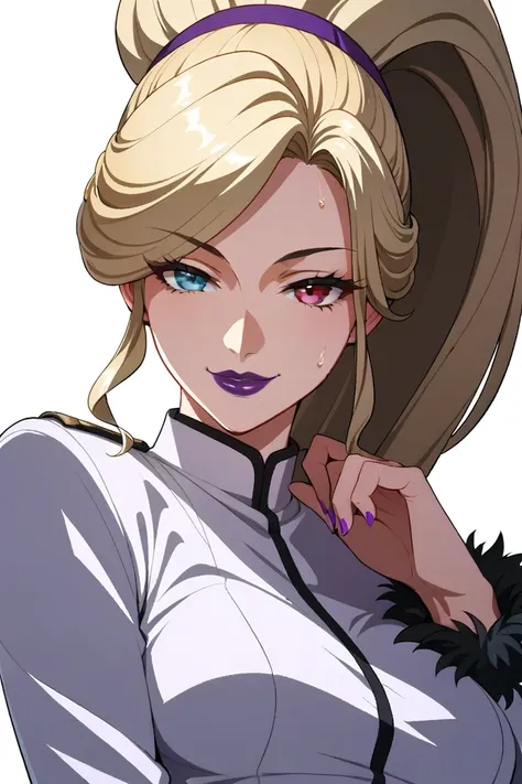 masterpiece,Highest quality,hirudasama,(((40 years old))),(( aunt)), anime,2020s,heterochromia, redeyes,blackeyes,((Purple lips)),blonde hair, very long ponytail,summer uniform,smug,very sweaty,hands on own stomach