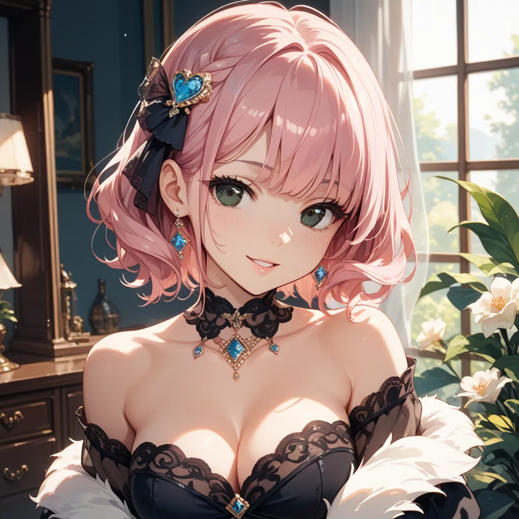 "A beautiful young woman with short, silky pink hair that frames her face just above her shoulders, and deep black eyes. She has a confident yet gentle expression with a subtle smile. She wears a plain, elegant black off-shoulder dress with a smooth, form-...