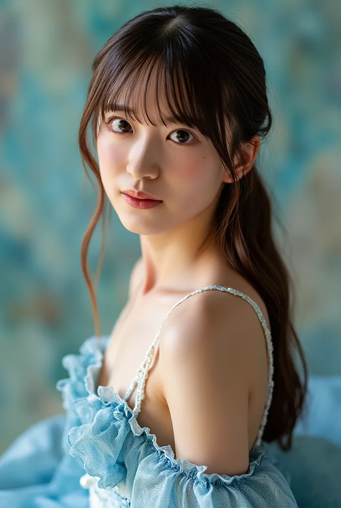 A beautiful European mermaid。light brown hair with bangs {x} wears a ponytail、is tied with a white pearl ring。wears a blue seashell bra、has a blue mermaid tail。has light brown eyes。