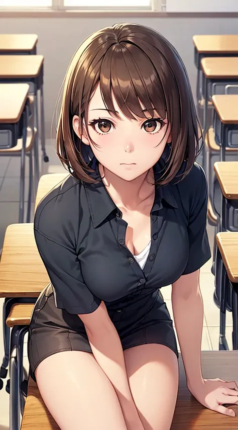 ((table top, Highest quality, Hi-Res, , pixel perfect, 4K, , ))), one girl,  single, alone, beauty、full body visible、 ((Short Wave Hair, bangs, brown hair)), ((brown eyes,   beautiful eyelashes , realistic eyes)), ((detailed faces,  blanking:1.2)), (( Smoo...