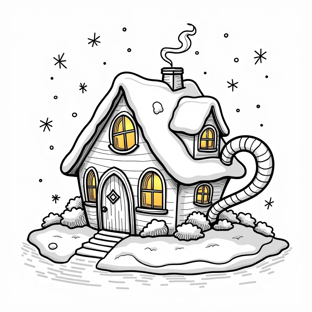 A charming house shaped like a teacup with a candy cane handle, sitting in the snow with a cozy light inside,  cartoon stile, vibrant colors,  black outline, coloring page, white backgrond 