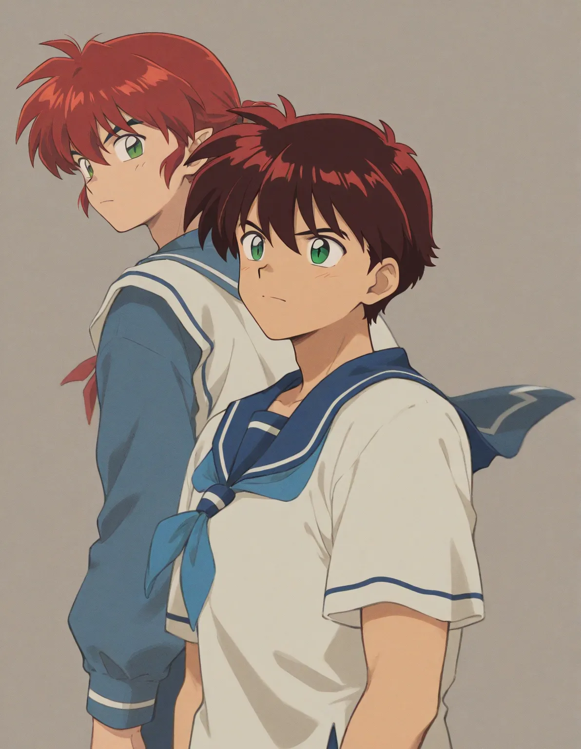 Just one little 11 boy  that is a sixth grade primary school student. He has short red hair and green eyes wearing a blue uniform. He is daring. Handsome. ish. Inuyasha anime character art style. High quality. 