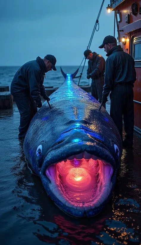   A huge abyssal swordfish with silent bioluminescence is dying on the deck of the ship  . is colorful,  The gelatinous skin shines in the rain as anglers try to lift their enormous jaw to examine its structure.. In the background, the rough sea and the co...