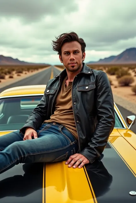  charming, medium-built handsome man with piercing brown eyes and a captivating face reclines gracefully on the hood of a vintage muscle car. Clad in a rugged leather jacket and faded jeans, his windswept dark hair and subtle stubble enhance his rebellious...