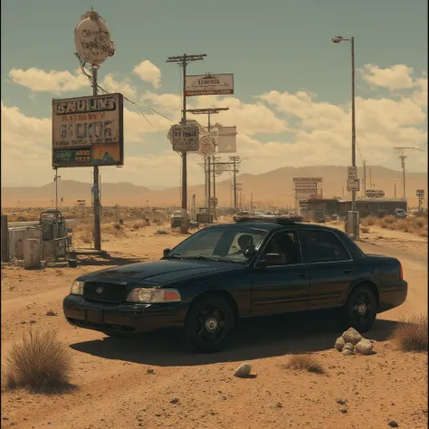 A black 2011 Ford Crown Victoria sedan with four men inside is parked at a gas station on a desert highway 