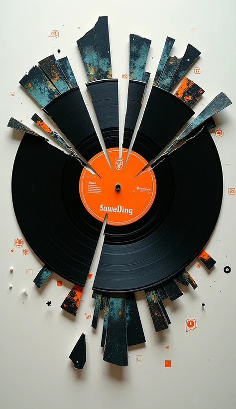 Broken vinyl records put together into a legal balance，The background is interspersed with clear social media icons