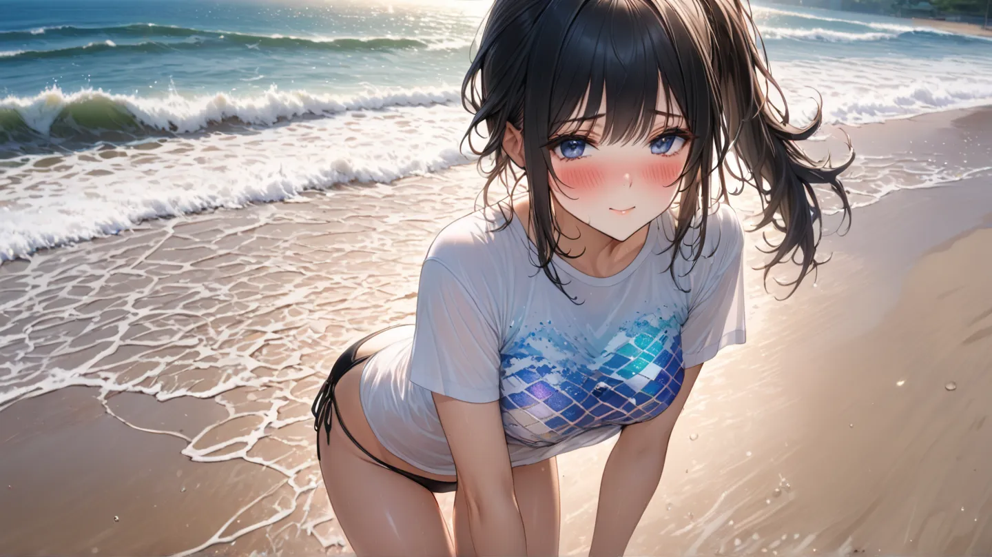  female 1 person, black hair, Age 25, ((Wear a bikini underneath a large t-shirt))、(((A bikini with an elegant shiny pattern)))), ((((shy, blush))),((messy hair, pony tail)), (汗 soaked)( sexy)(((( medium breasts )))) (( puff up the cheeks))

( masterpiece:...