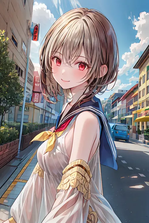 masterpiece,best quality,1 girl,Alone,outdoor,watching viewers,sailor suit,smile,bangs,null,blue null,cloud,medium chest,hair between eyes, white hair,red eyes,cross your arms around your back,Simple Clothes ,long hair