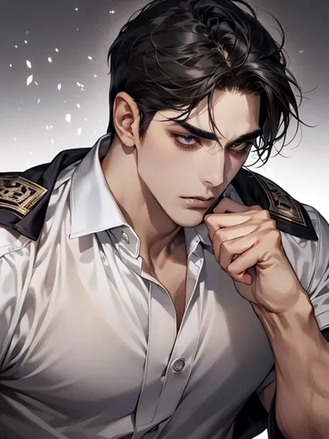  ultra detailed ,Haig Quality,OUTLINE,1masculino,macho maduro,Pretty face,(short black hair), handsome men,pearl skin , short sleeve white shirt ,droopy eyes, Japanese high school ,dynamic angle, Japanese anime ,corps inteiro, face forward 