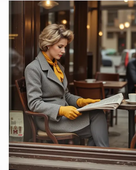 View from the sidewalk from the street through the window.Outside the window, a woman with short tousled blond hair is seen sitting half-turned by the window and reading a newspaper. A large grey speckled tweed coat with a high collar and wide cuffs. She w...