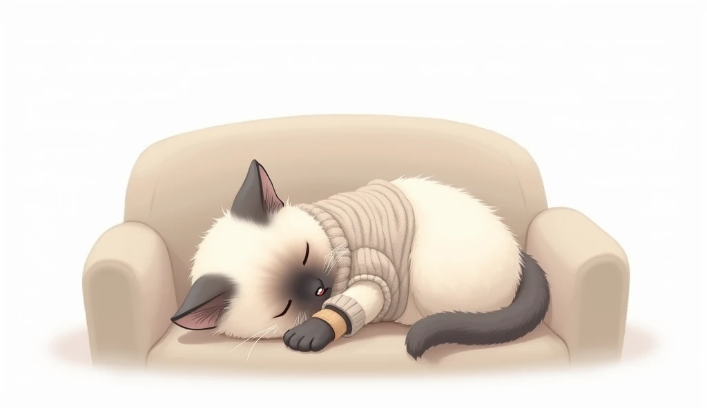 A cozy digital illustration of a fluffy Siamese cat with cream-colored fur and soft gray markings on its ears, paws, and tail, peacefully sleeping on a plush beige sofa. The cat is curled up, wearing a warm knitted sweater, with its tail gently wrapped aro...