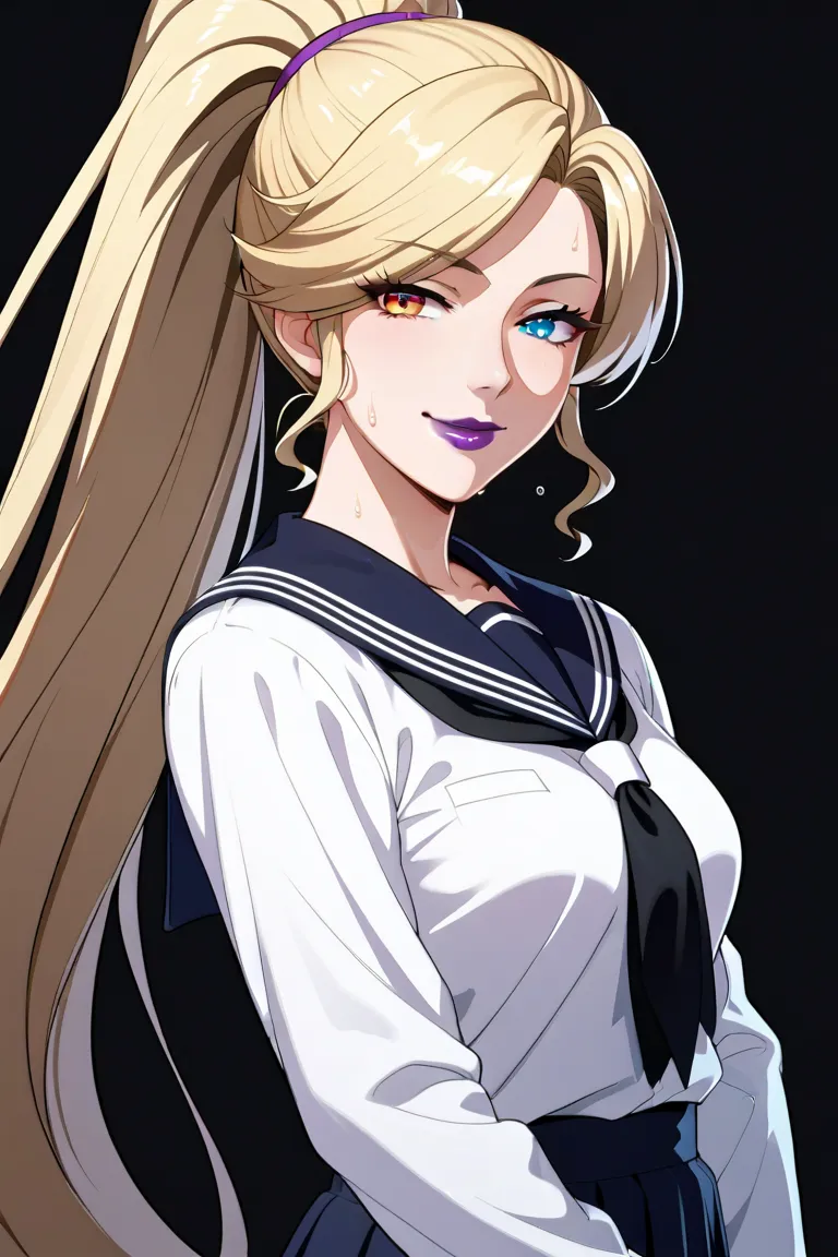 masterpiece,Highest quality,hirudasama,(((40 years old))),(( aunt)), anime,2020s,heterochromia, redeyes,blackeyes,((Purple lips)),blonde hair, very long ponytail,school uniform,smug,very sweaty,hands on own stomach