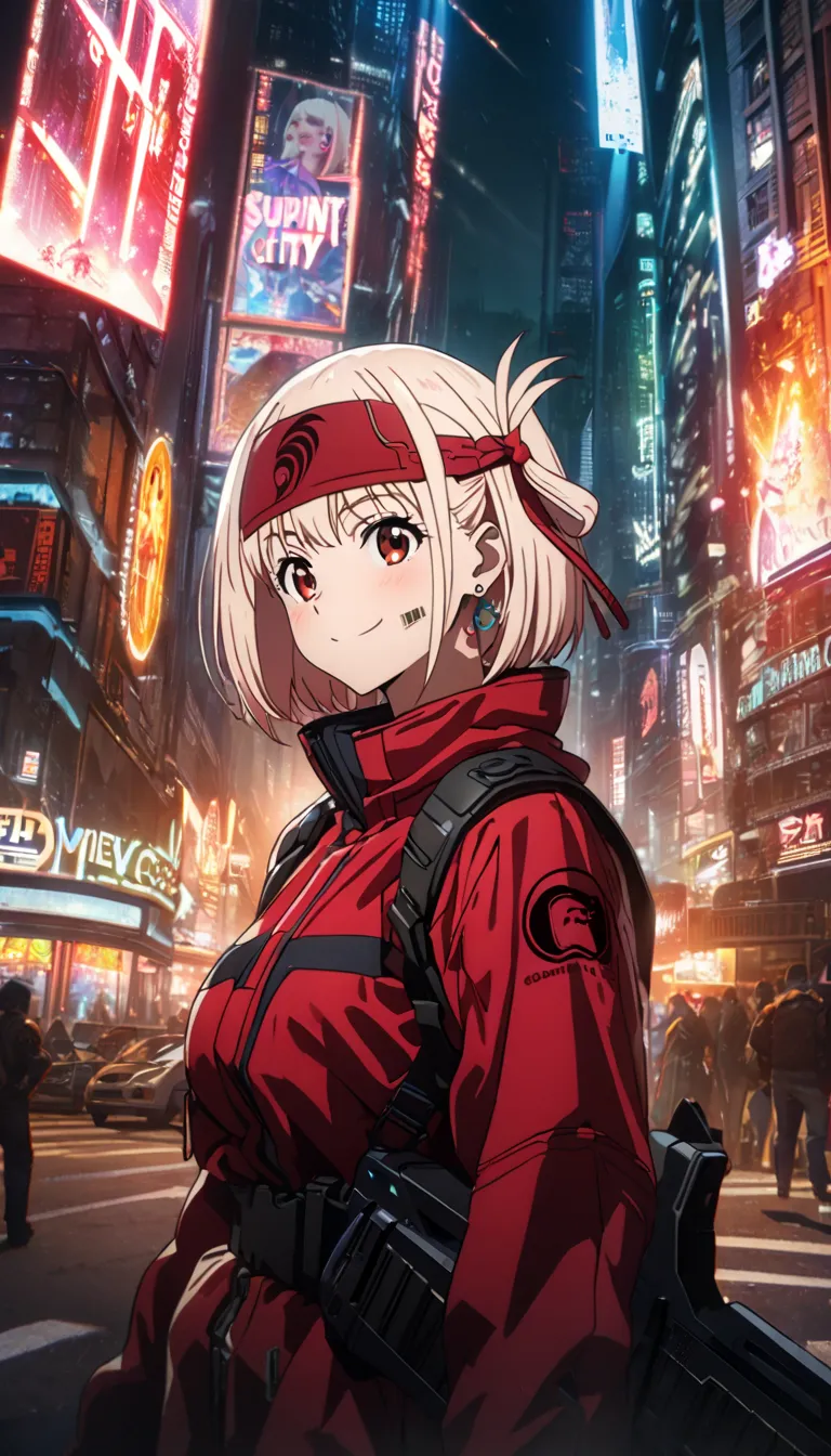 (beautiful girl : 1.3),1 girl,(chisato nishikigi),(protective clothing,headband,earrings,Assault rifle), with barcode tattoos on their cheeks,smile,cyberpunk,the neon city at night,Machine City,Dynamic Angle,(movie poster, magazine cover ,big title ,big lo...