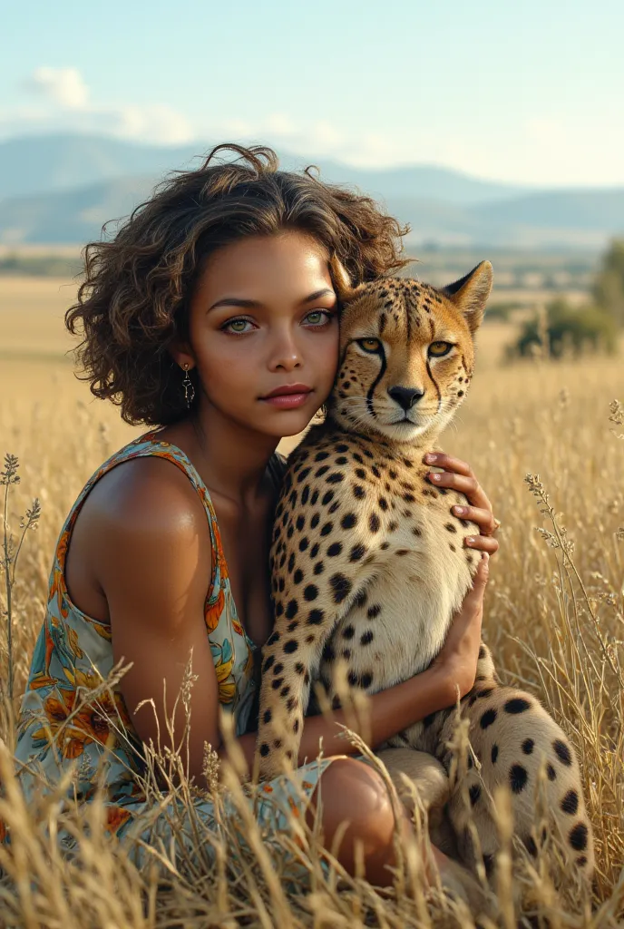 (highly detailed, realistic photo, realistic skin texture), 8K, Girl is gently hugging a cheetah as if it were her beloved pet. She looking at camera and making a nice expression, Africa's Meadows, Clear and Wonderful Weather