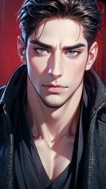 (best quality,4K,8k, highres,masterpiece:1.2),ultra-detailed,(Realistic,photoRealistic,photo-Realistic:1.37),36-year-old man,3 day beard,Cute anime ,Portraits,strong,masculine, dark hair,sharp jaw,  mesmerizing eyes  , perfectly groomed hair , cool anime o...