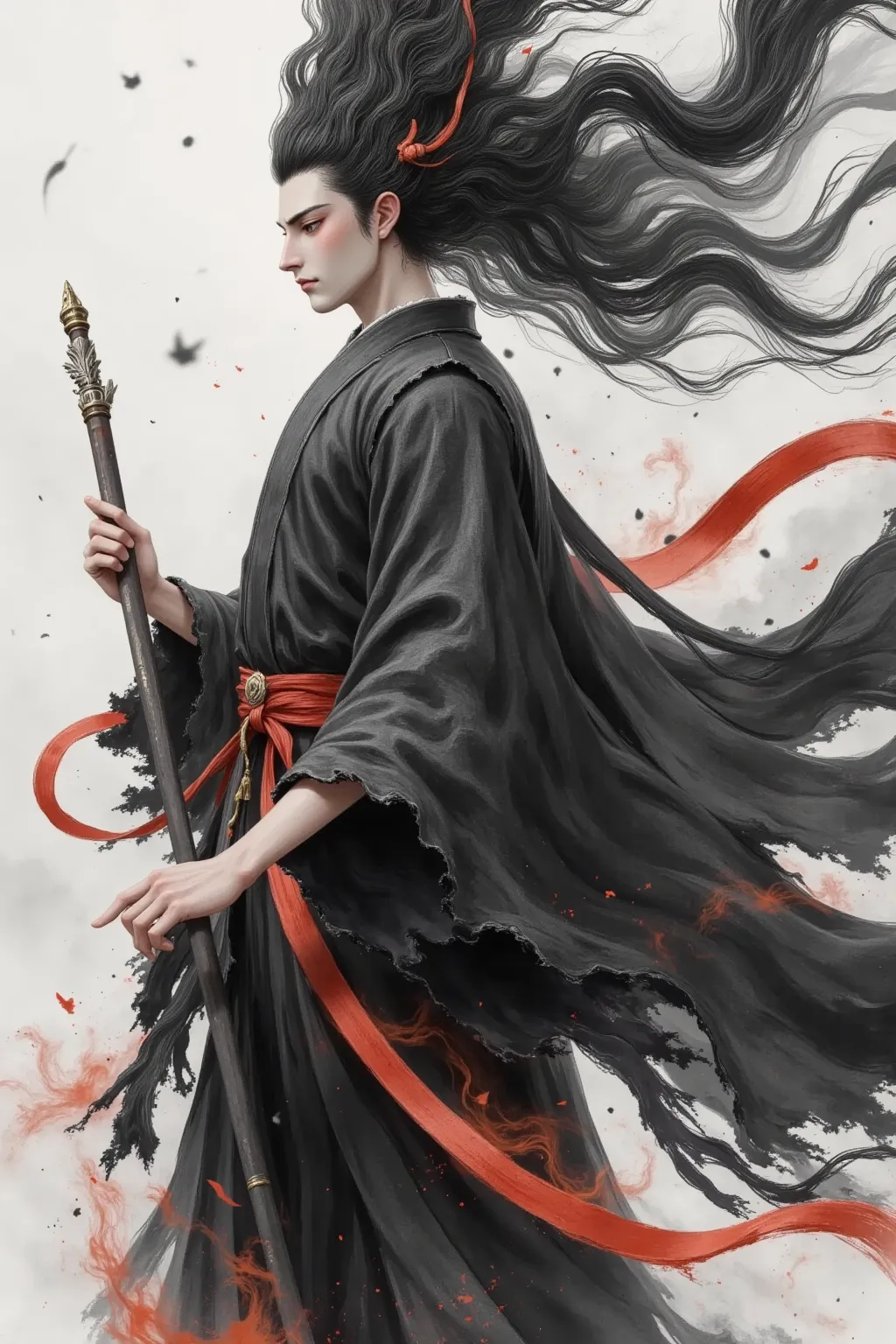 high quality, super realistic,4K,8k,Masterpiece,Extreme Details,Realism,Professional Photography,Chinese martial arts， Double arm， Black Feather Wings ，Chinese Ink Painting,huge flowing flowing long hair, Handsome Male ,Broken Robe,Dynamic action ,Mysterio...