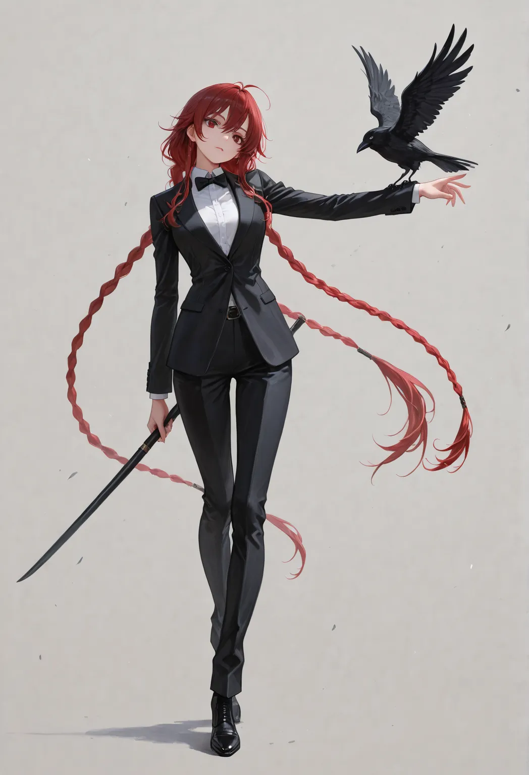  1girl , sensitive, alone,  suit ，下身黑色紧身 suit 长裤,  head tilt , stands，Full body size，Personal-like design， with red hair ，double braid，Extra long hair, A crow，depth of field, Simulated traditional media, Painting, Impressionism, masterpiece, High Score,  E...