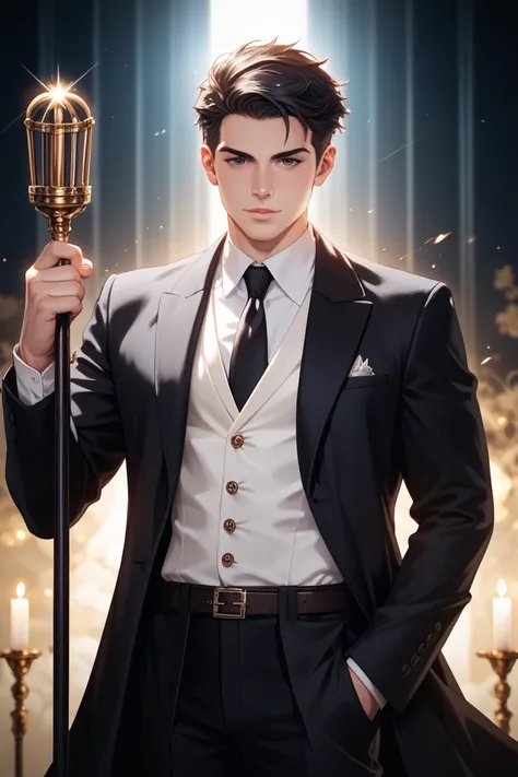 full body　 black hair　Black Eye　Long　 male　suit　 Long Coat 　Cane