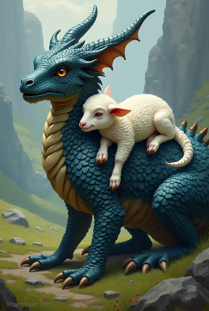 A lamb on top of a dragon