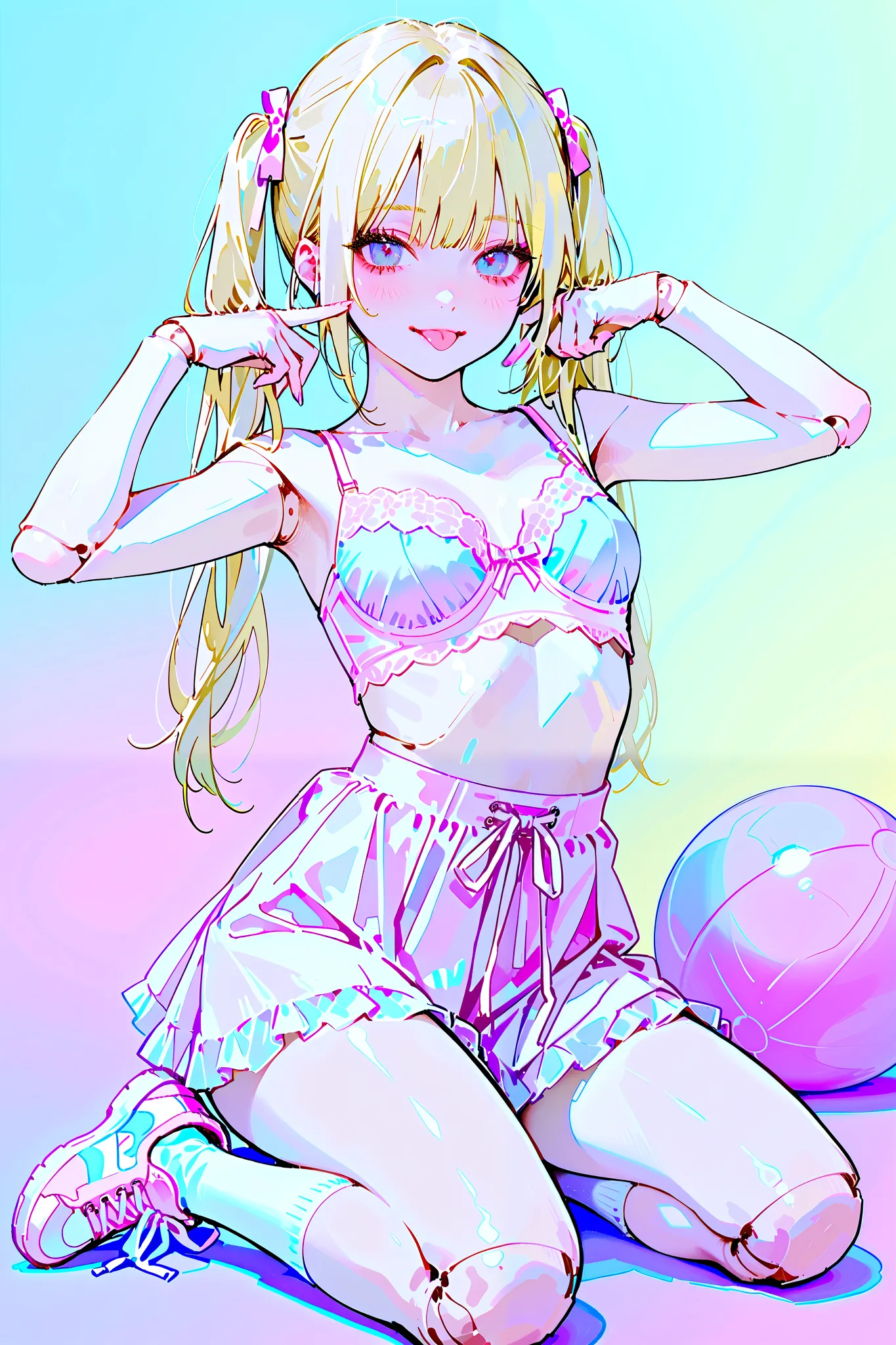 Full body, ((pastel colors)), small girl, pale skin, big eyes, little smile, blonde hair, (((short twin tails))), cute face, casual clothing, ((doll joints)), ((female underwear)), bra, tongue