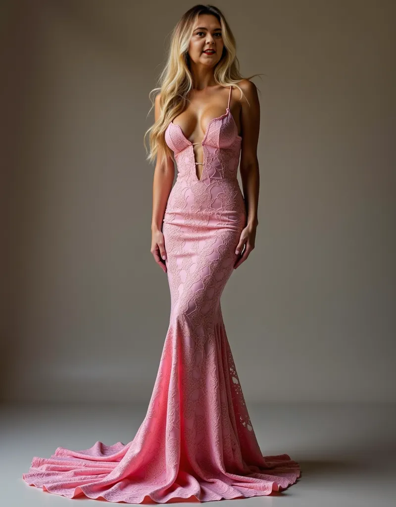 RAW photo, a 20 year old Brazilian,  blonde balayage ,  long hair, small size breasts, hourglass shaped body, , realistic, masterpiece, dancing, best shade , photo-realism, hyper-realism,  A Girl,  posing in a sexy way, full length pink lace only dress