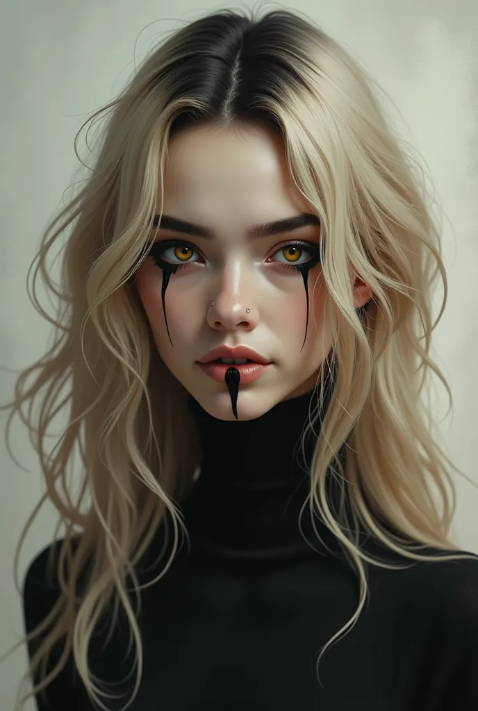 blonde . long blond hair , dark hair roots . The grove above the lip on the right . Eyes with a yellow outline around the pupil . dark eyebrows ,  big lips 