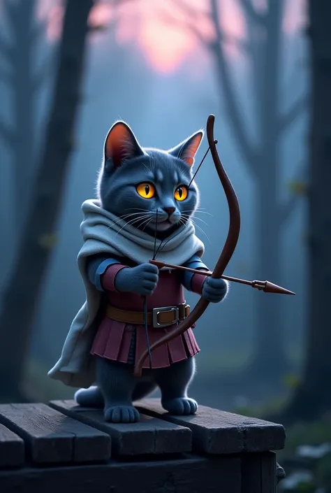 A gray cat in a forest, wearing an archer's outfit she holds a bow firmly in her hands, and dressed in warrior clothes and a white hooded cloak. can be seen just in front of a wooden bridge over a cliff, the cat is extremely cute and realistic,  has glowin...