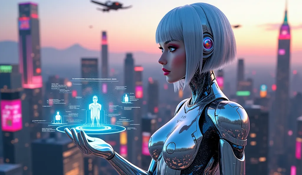 Illustrate a female Artificial Intelligence Avatar in a dynamic pose, set against a backdrop of a sprawling cybernetic cityscape at dusk. She embodies a perfect blend of technology and femininity, with a sleek, aerodynamic silhouette that suggests both gra...