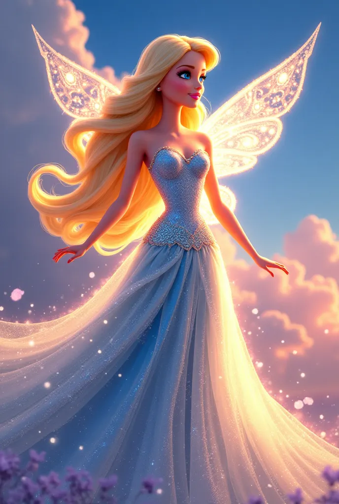 Barbie cartoon style,**"At last, Mah Noor glowed with breathtaking radiance, her soft, shimmering wings fully restored, spreading wide with an ethereal golden light. The dullness that once shadowed her had vanished, replaced by a dazzling aura of moonlight...