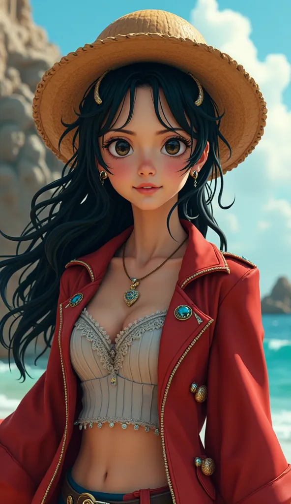 An ultra-realistic and cinematic portrait of the daughter of Monkey D. Luffy and Boa Hancock from One Piece, blending their iconic features into a stunning and powerful young woman. She has Luffy's signature determination and carefree spirit, reflected in ...