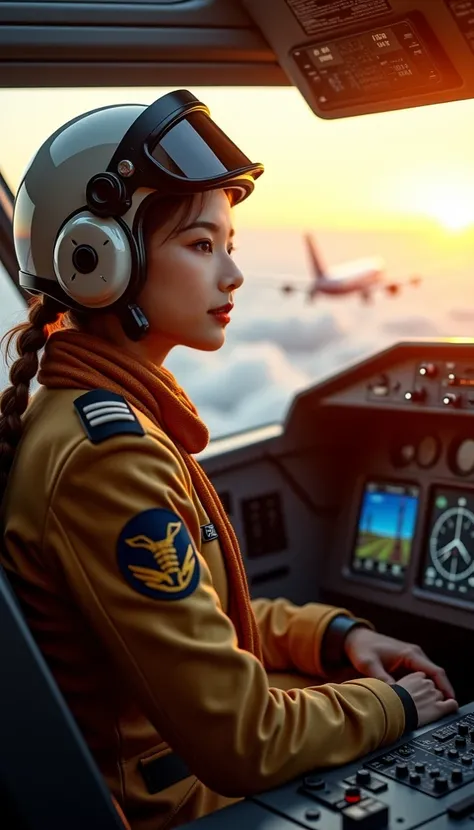 masterpiece, Portrait of a beautiful young pilot sitting in the cockpit, The pilot wears an Acrisp suit..., Custom flight suit,Embellished with scarves and patches that represent their experience and expertise....  The pilot wears the captain's helmet..., ...