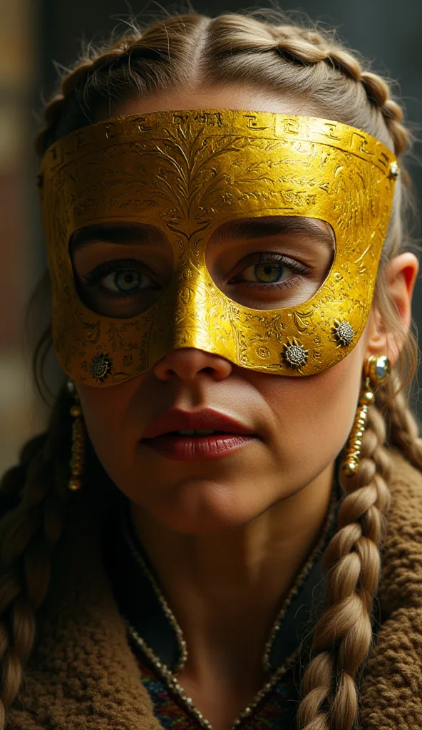  Here is a detailed prompt to generate an image  ** super realistic** by Emilia Clarke as **tanya**, in a style **viking**, focused **only on the face**, with a bright metallic yellow mask and impactful details:  

---  
**"Close-up hiper-realista do rosto...