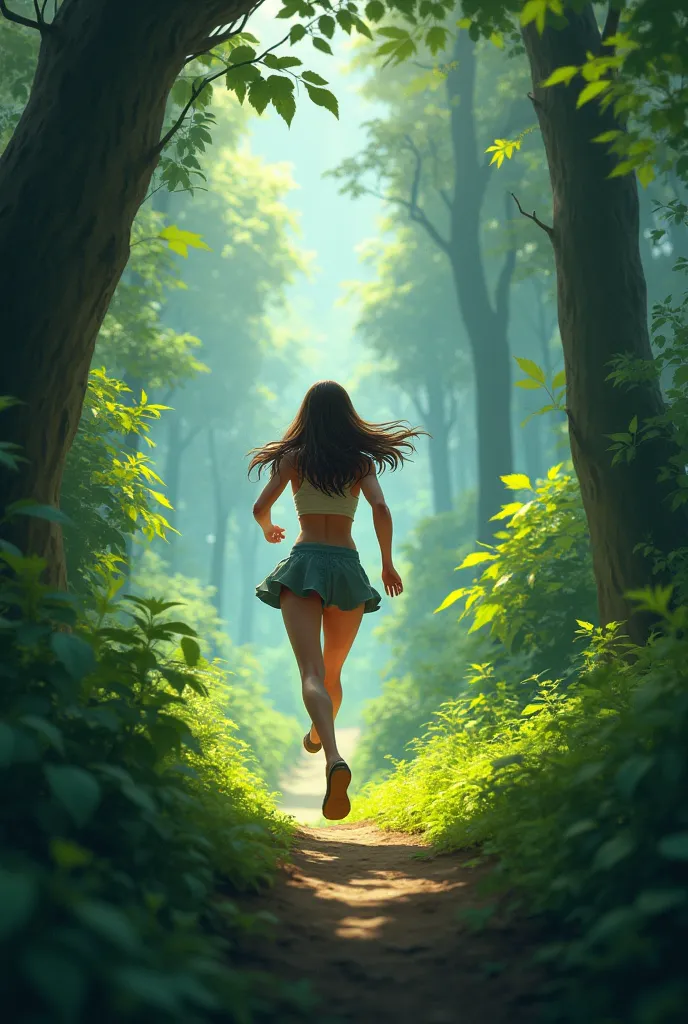 Make a girl who running, from back side, in forest, don't too realistic 