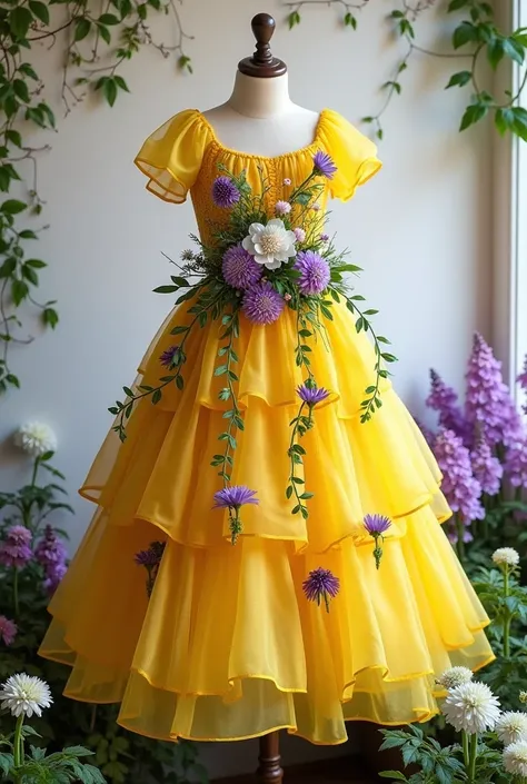 an outfit that has a variety of natural flowers, the outfit will have many layers. And it will hang on a stand. The color of the dress will be yellow but the flowers in it will be white and purple in color and there will be some vines in it which will be g...