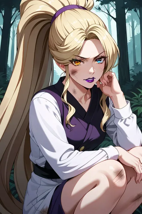 masterpiece,Highest quality,hirudasama,(((40 years old))),(( aunt)), anime,2020s,heterochromia, redeyes,blackeyes,((Purple lips)),blonde hair, very long ponytail,clenched teeth,frown,panting,wounded,dirty,hands on own knees,forest