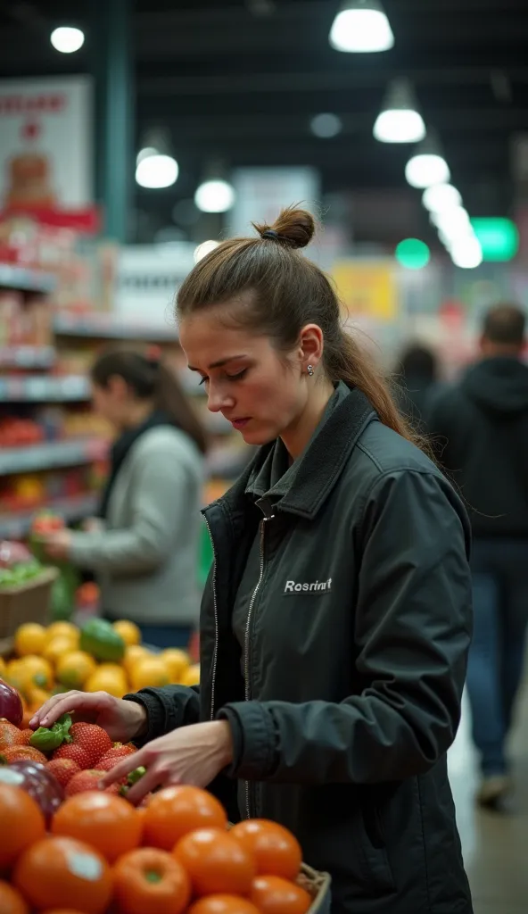 Image of a crowded market with full shelves and people on the move. Close-up of a cashier with an expression of desperation upon seeing the final price of a purchase, with dramatic lighting and sharp contrast."