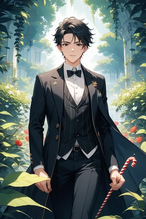 full body　 black hair　Black Eye　Long　 male　suit　 Long Coat 　Riti acacia　Cane