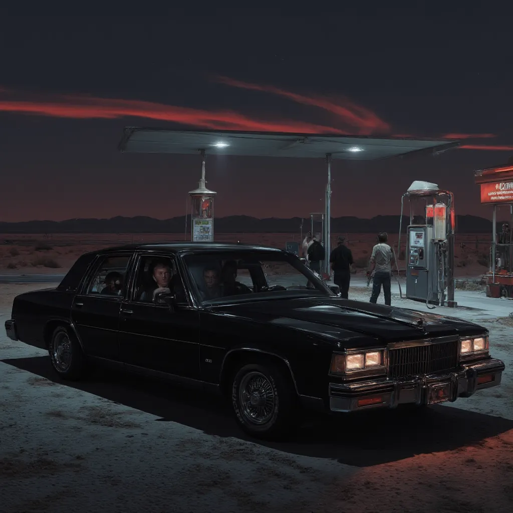 A black 1984 Chevrolet Caprice sedan with four men inside is parked near a gas pump at a gas station  on a desert highway 