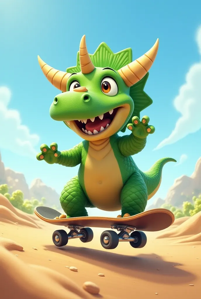 Create a happy Triceratops by riding a bottomless skateboard 