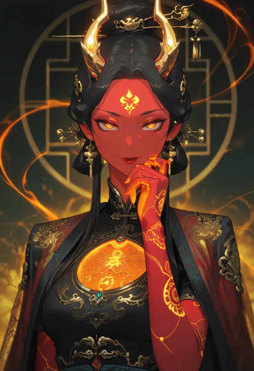 wish_just,masterpiece, best quality, good quality, newest,  highres, absurdres,2D anime mature oni beauty, upper body portrait, crimson skin,tsurime , seductive smile, mechanical golden horns, tight qipao with high slit, golden peony embroidery, cybernetic...