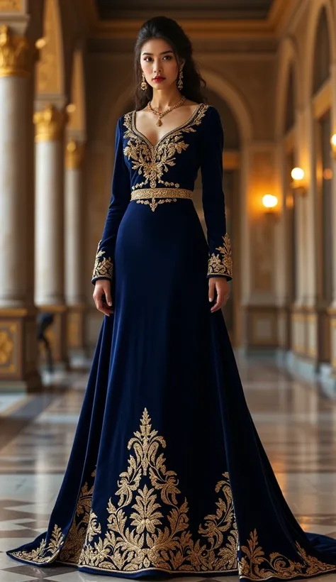 A stunning, regal dark blue Anarkali gown with intricate gold embroidery. The gown is floor-length with a dramatic flare, featuring rich golden floral and paisley motifs at the hemline. The fitted bodice has a round neckline adorned with delicate gold embe...