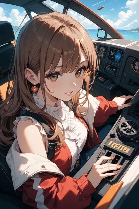 Japanese brown-haired girl
I'm in my early 30s and have long brown hair, long hair, and colorful nails that are about the waist
He is leaning out of the cockpit with a sign while piloting a helicopter　The angle is from outside the helicopter in anime style