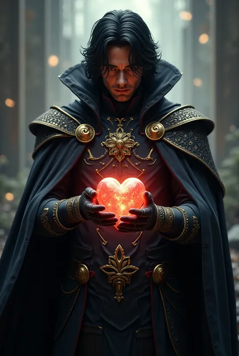 Create me a picture in 3D and photorealistic. Create me a prince with black hair,He is big. ER wear a cape with a hood.He is wearing long gloves and dark pants.He has a heart in his hand ,A golden 