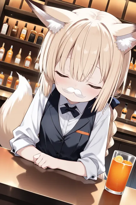 score_9, score_8_up, score_7_up, ((dim, deep shadows, bar, counter table)), dutch angle, (solo, 1girl, blonde hair, low braid ponytail, fox ears,short  fox tail), (((loli, thin, petite,  female, short body))), (upper body, bartender, orange juice), (closed...